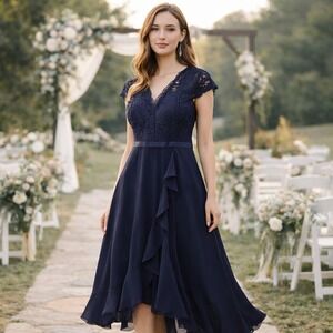 NEW MIUSOL Navy Lace Chiffon Midi Dress XL Ruffle V Neck Formal Cocktail Bridal
